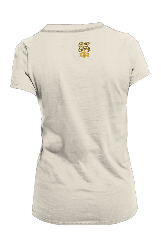 Back view of a cream women's crew t-shirt with "Glory to God" angel print on the neckline.