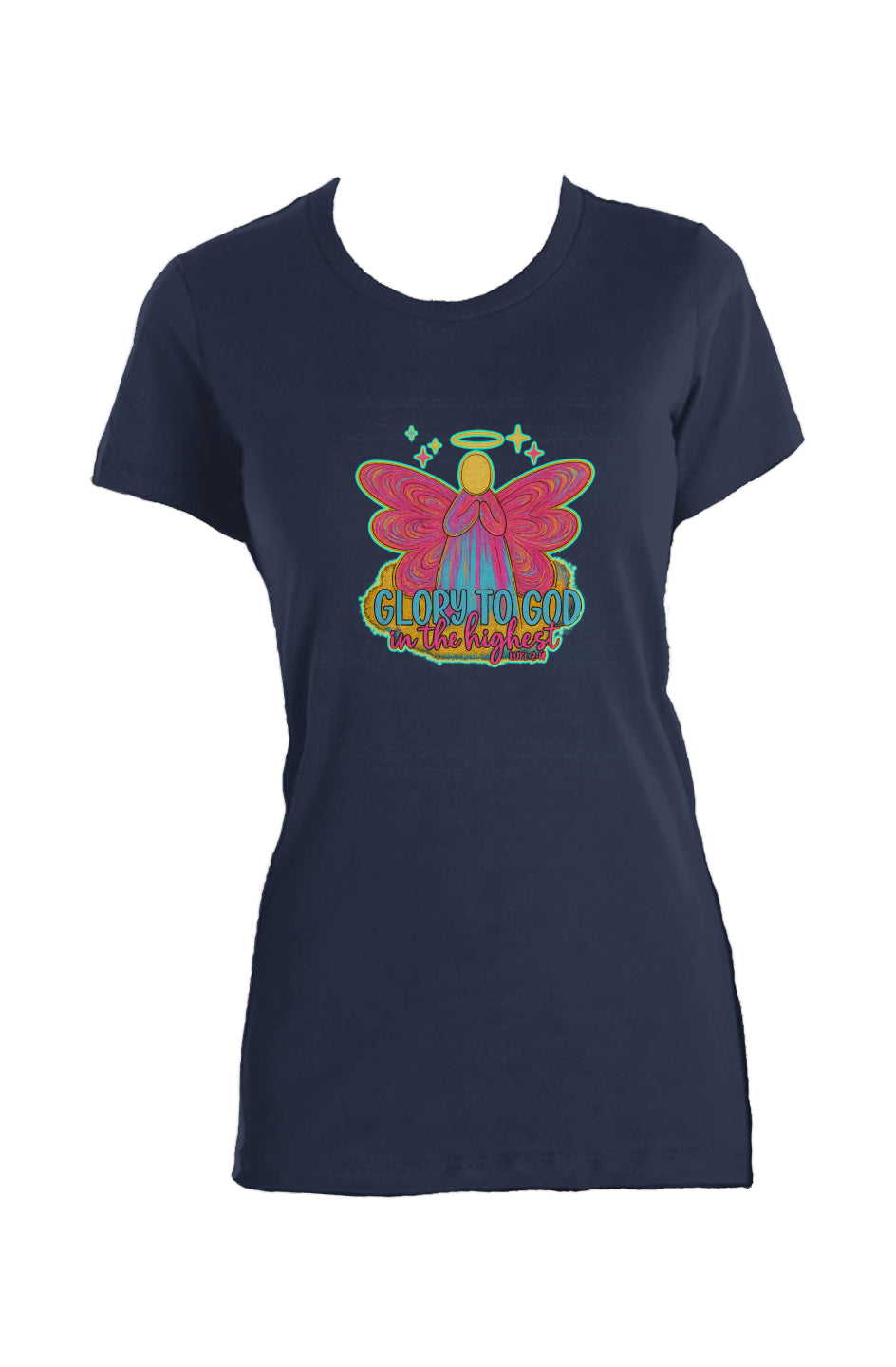 Navy ladies crew t-shirt with pink angel and "Glory to God" print.