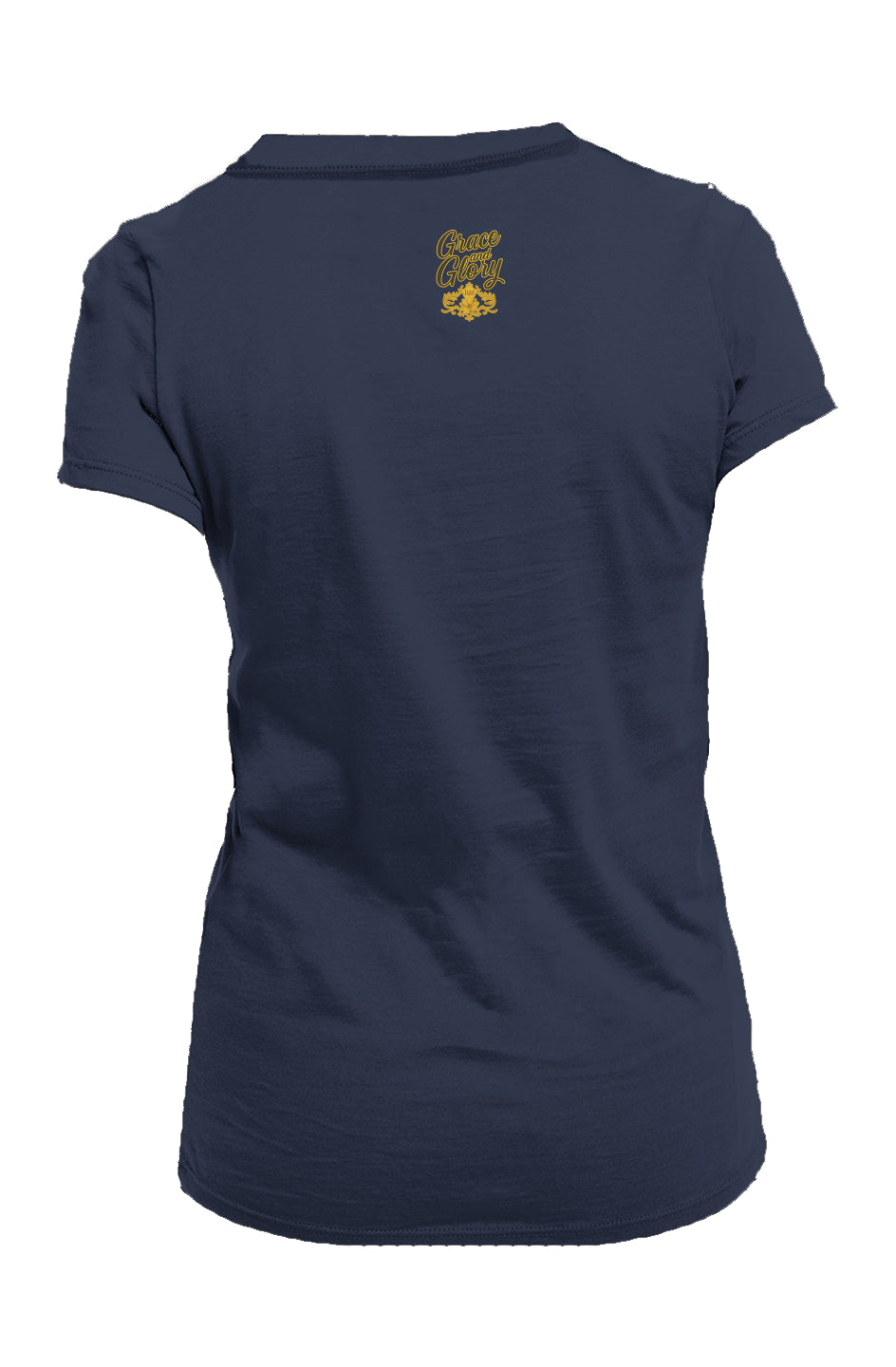 Back view of navy ladies crew t-shirt with gold "Glory to God Angel" print.