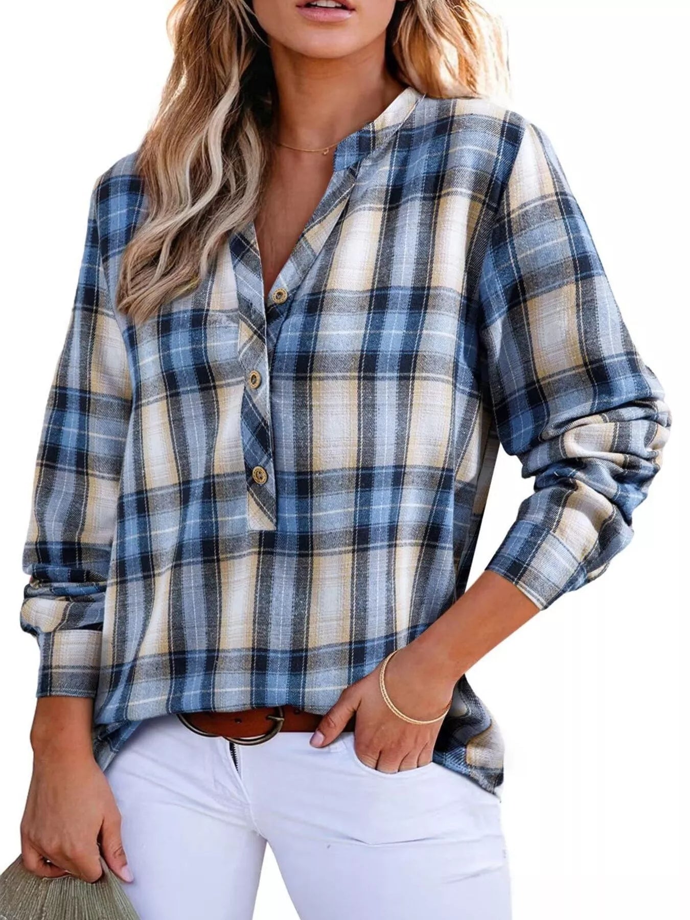 Plaid long sleeve blouse with half button front made of polyester blend fabric