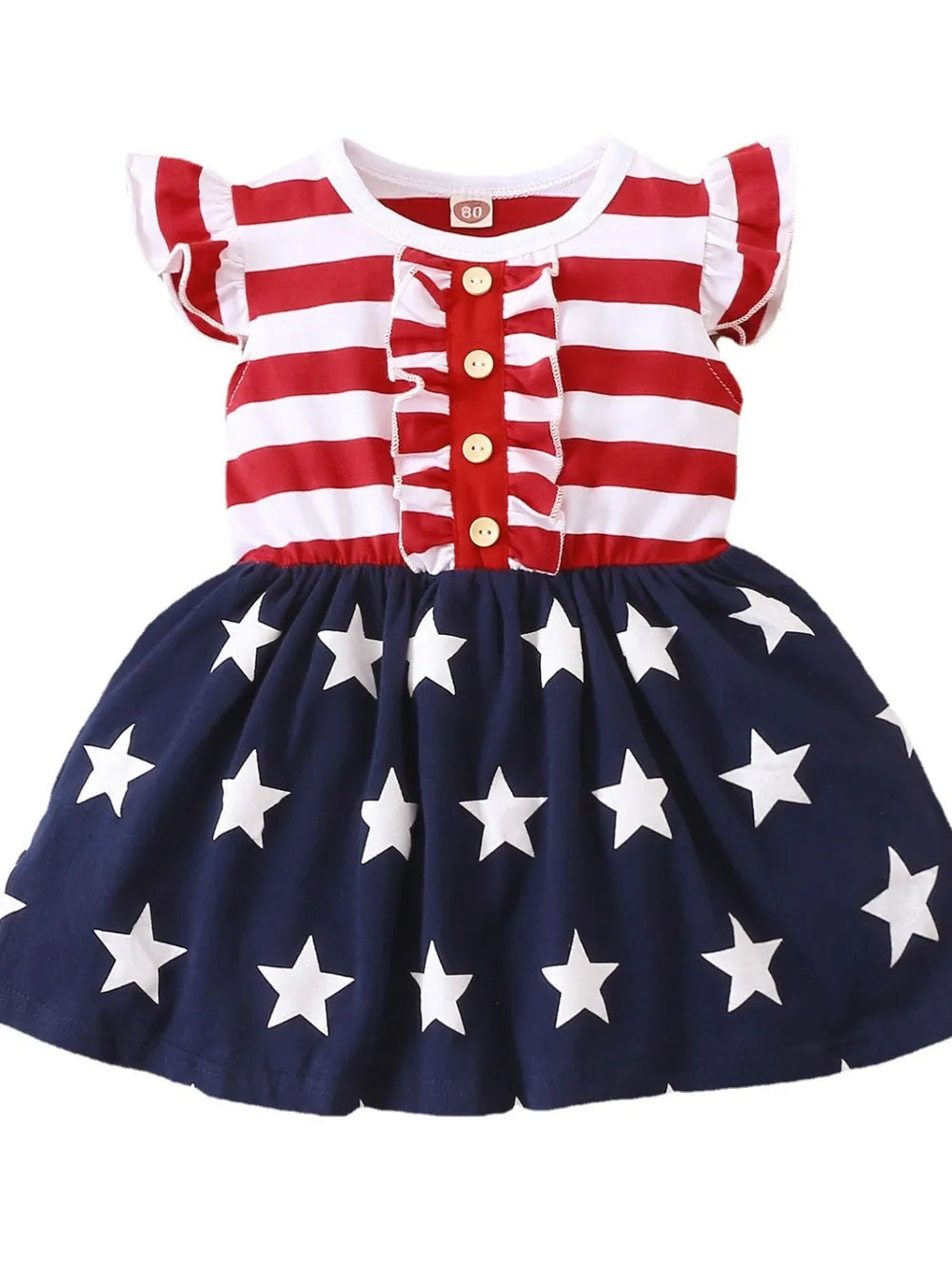 Ruffled cap sleeve dress with striped stars pattern in a polyester blend fabric.