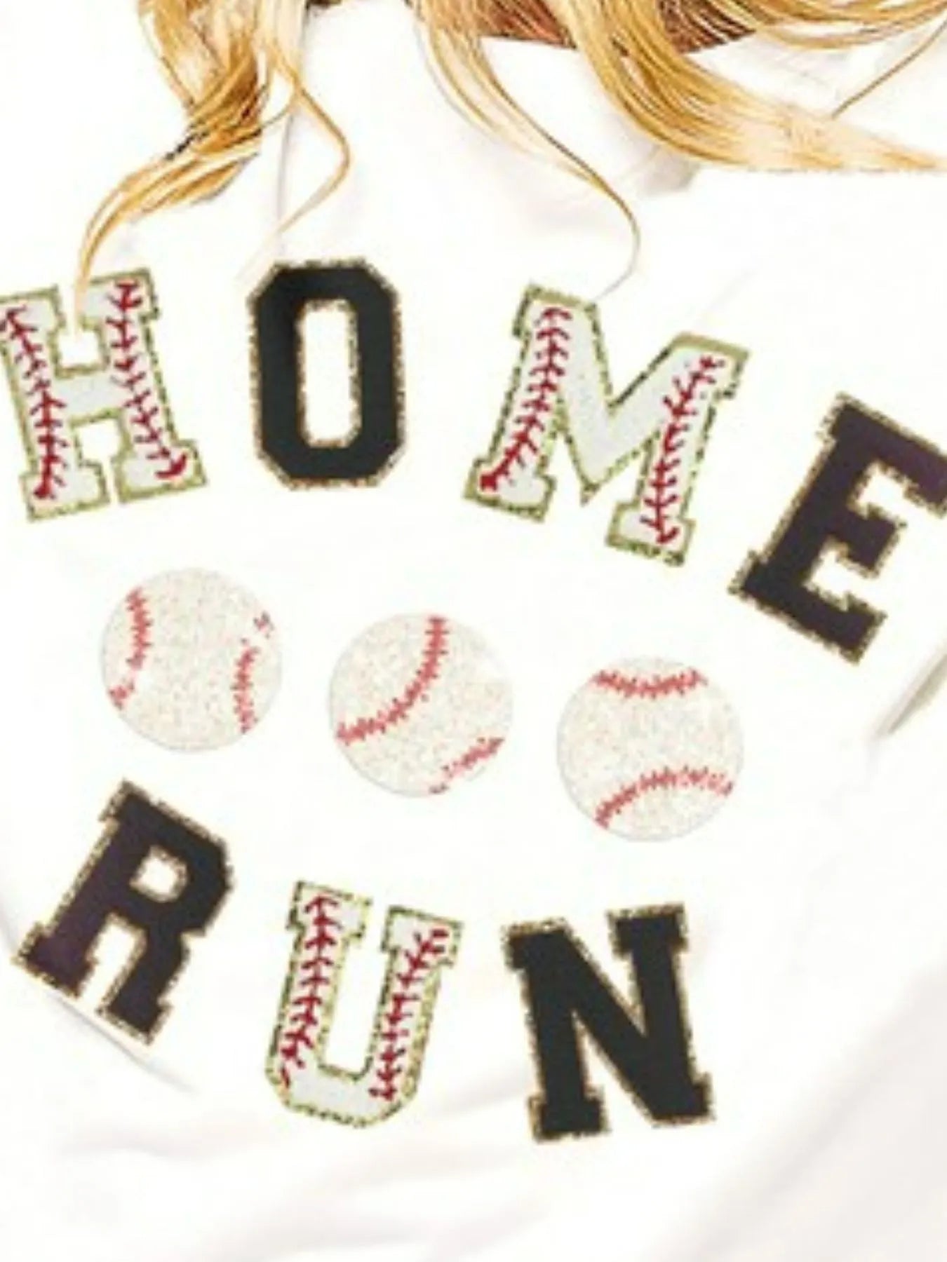 Washed cotton short-sleeve top with baseball "Home Run" graphic and embroidered balls.