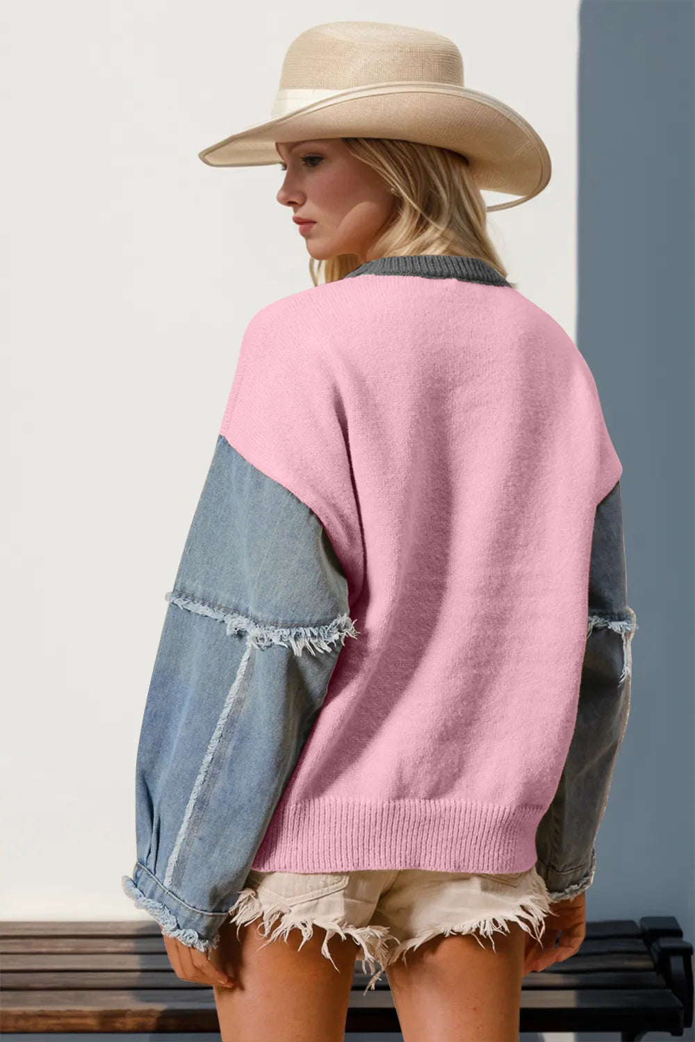 Long sleeve sweater with raw edge star pattern in cotton blend fabric