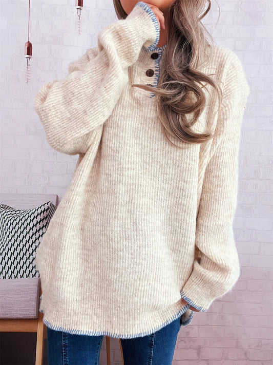 Oversized ribbed long sleeve sweater with button details and contrast stitching in polyester