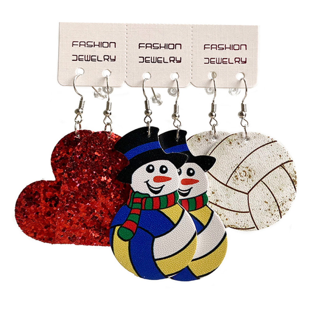 Set of iron charm earrings featuring red heart, snowman, and volleyball designs.