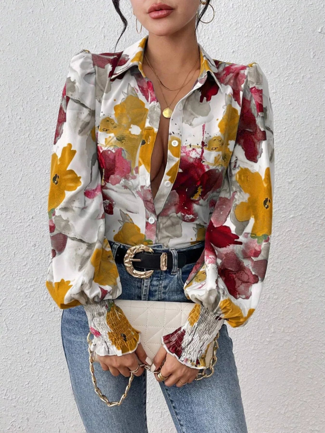 Printed button-up shirt with lantern sleeves made of polyester blend fabric