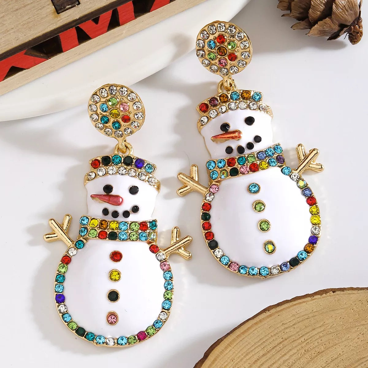 Pair of 18K gold-plated snowman drop earrings with colorful zircon accents.