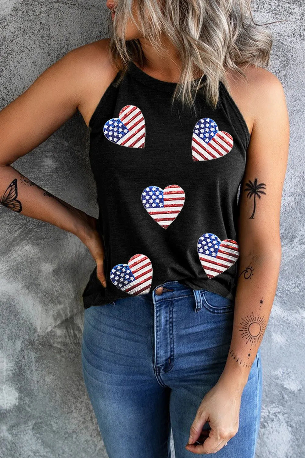 Sheer tank top featuring a sequin heart design and US flag pattern in stretchy fabric.