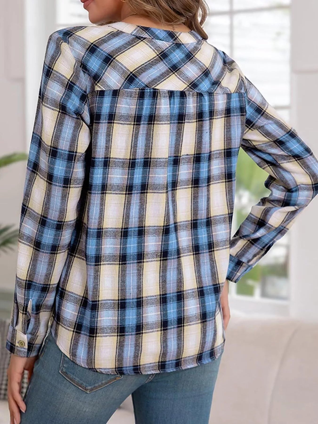 Plaid long sleeve blouse with half button front made of polyester blend fabric