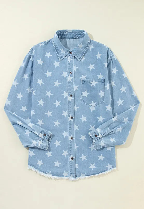 Denim top with raw hem and star collar made of cotton blend fabric.
