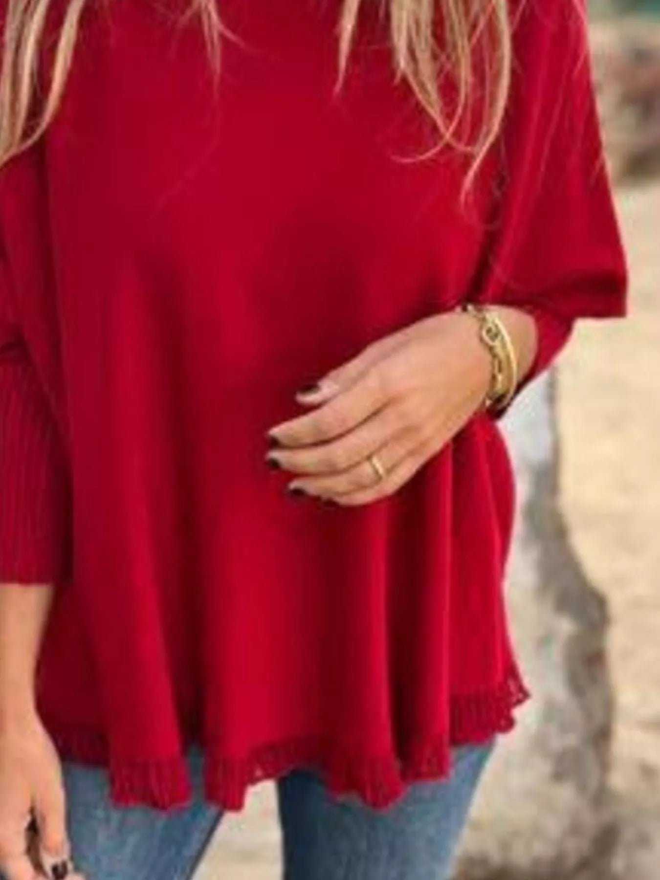 Plus size round neck long sleeve knit top with lace trim in soft polyester.
