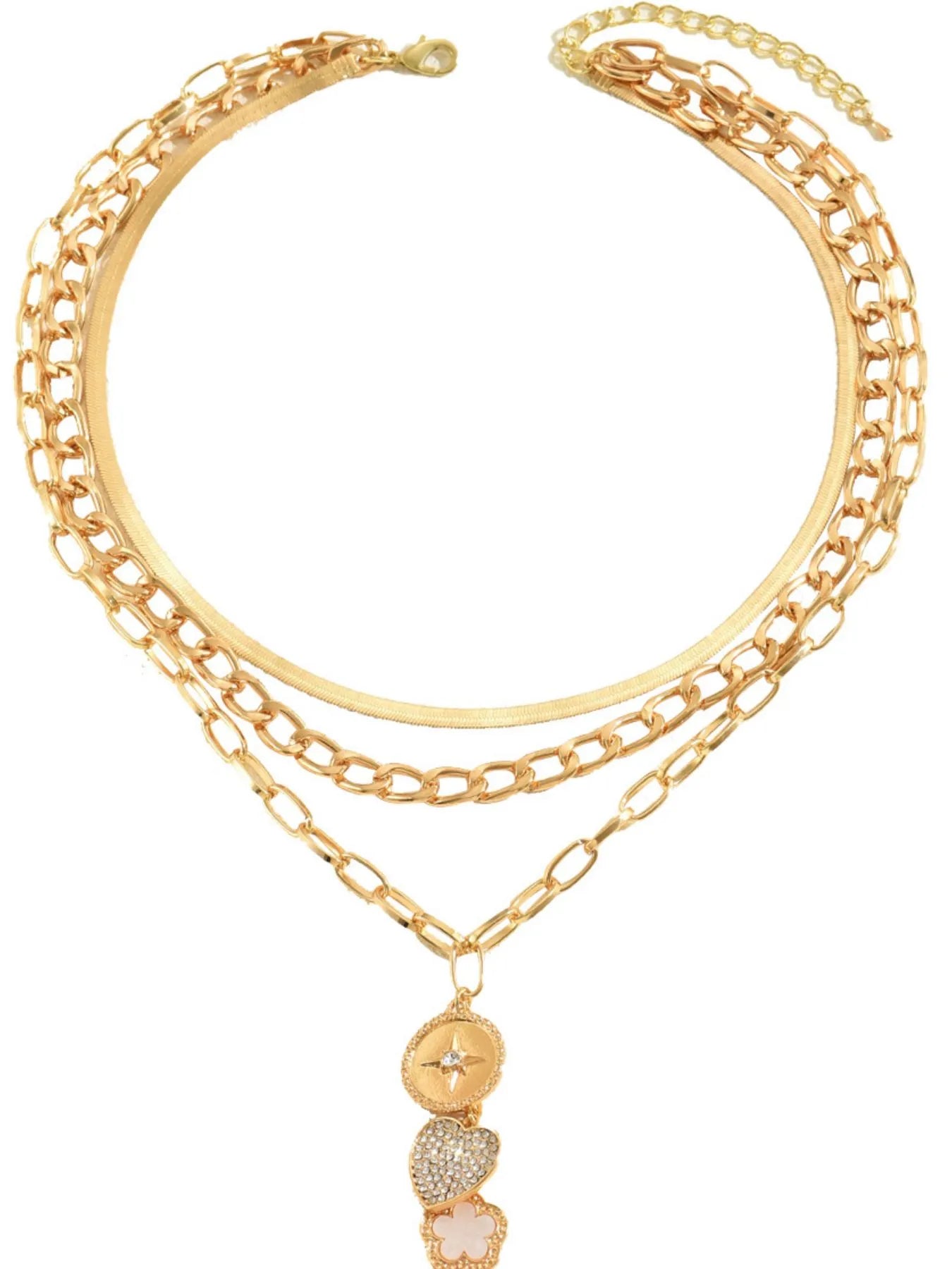 Gold-plated stainless steel layered necklace with star and gemstone pendants.