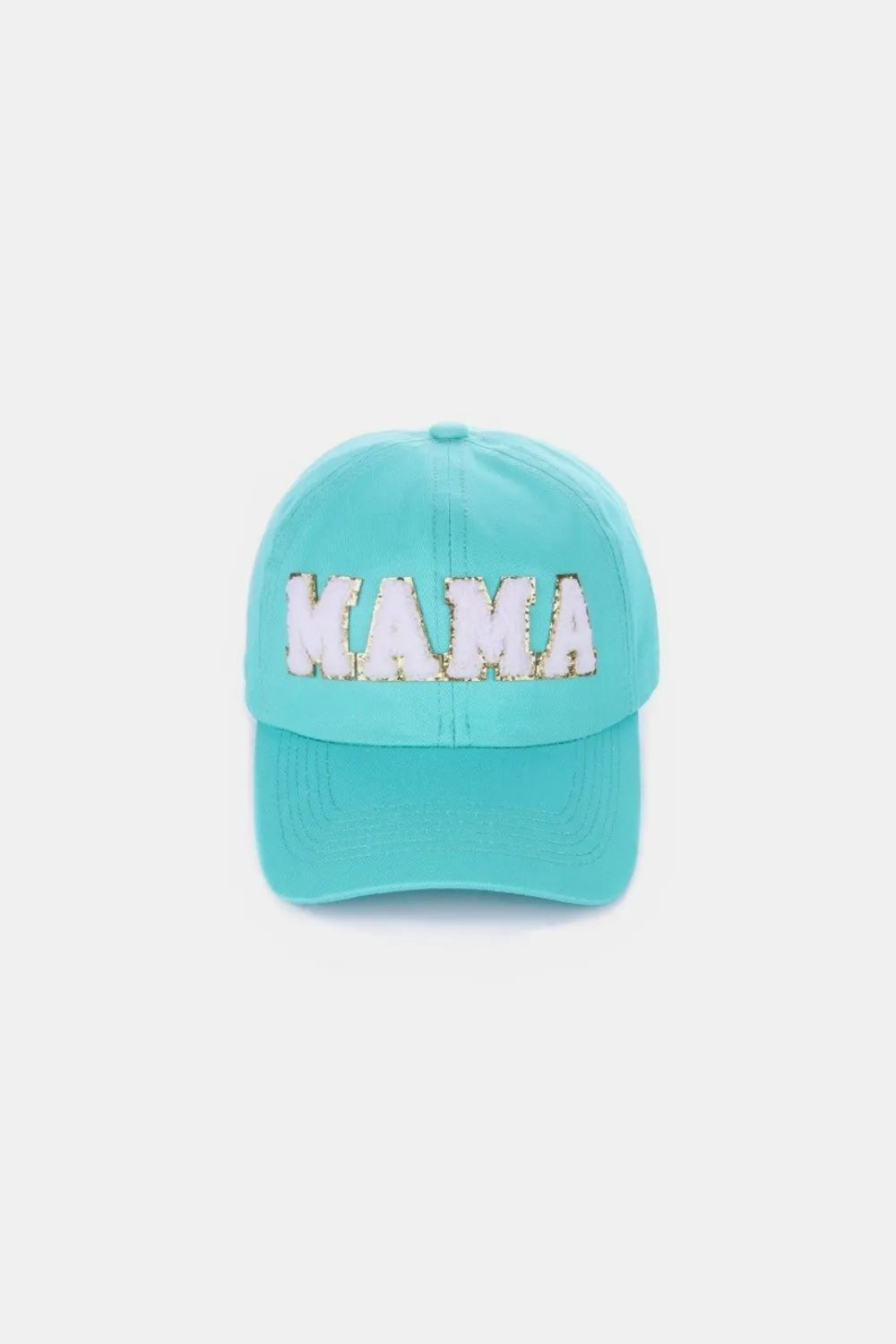 Teal cotton baseball cap with white chenille "MAMA" patch.