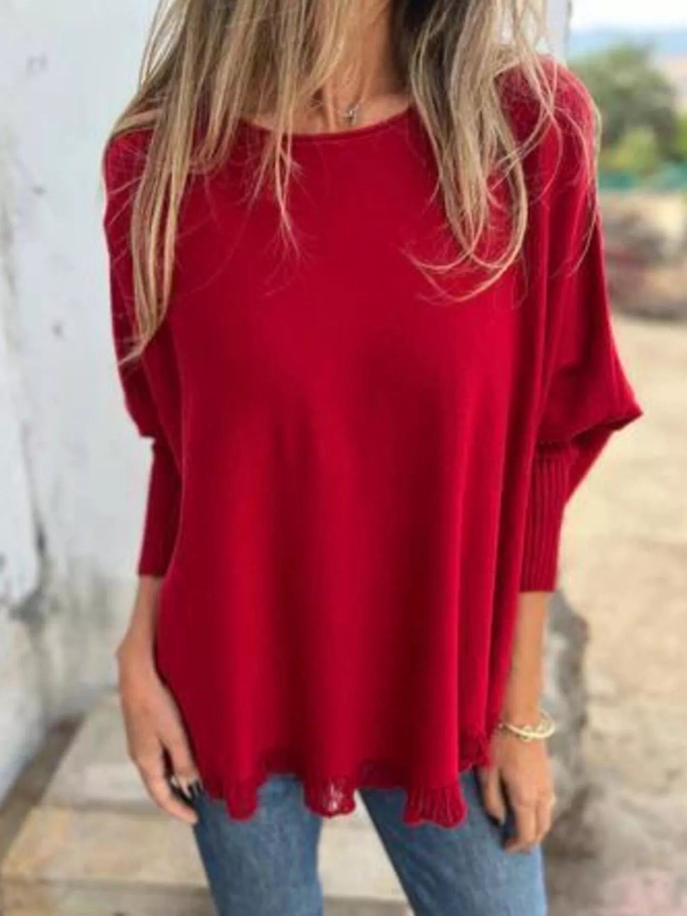 Plus size long sleeve knit top with round neck and lace trim in soft polyester fabric
