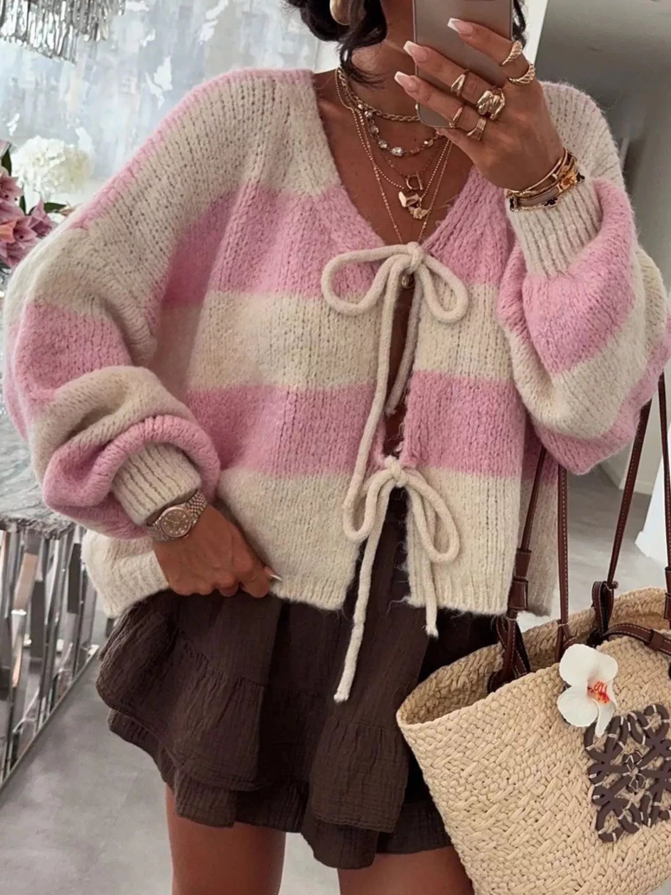 Striped knit cardigan with tie-front and long sleeves in soft polyester fabric