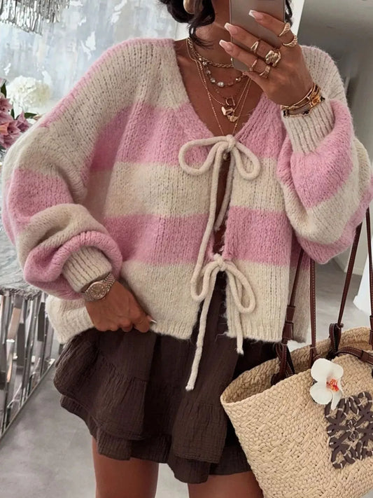 Striped knit cardigan with tie-front and long sleeves in soft polyester fabric