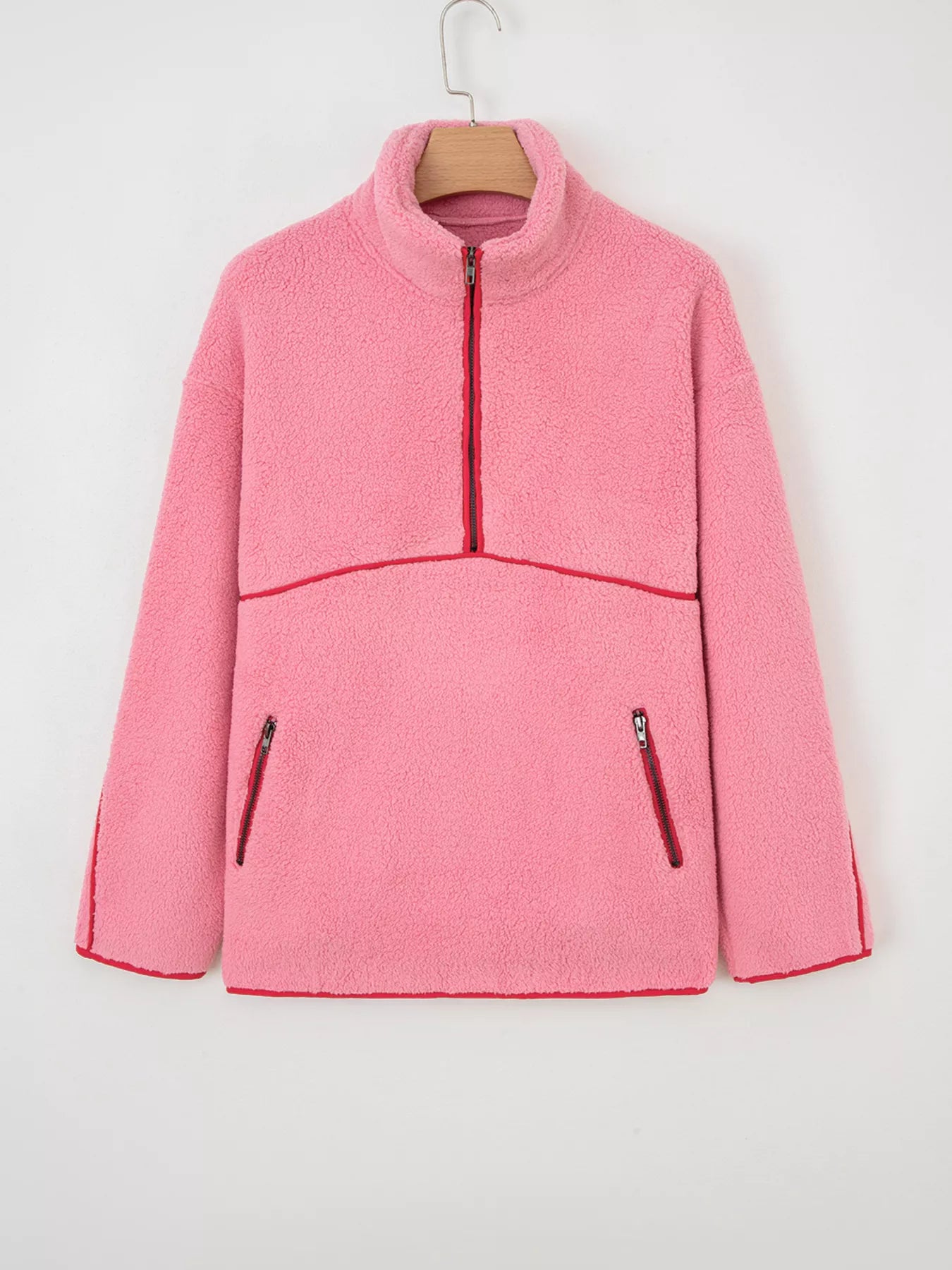 Trendsi Sherpa half zip sweatshirt with faux leather trim and cozy polyester fabric