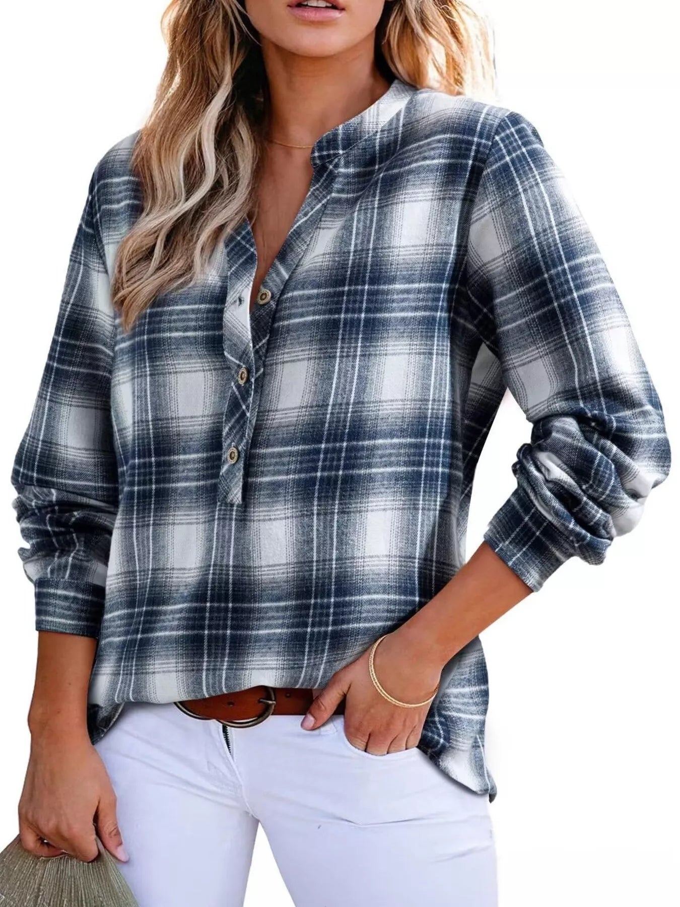 Plaid long sleeve blouse with half button front made of polyester blend fabric