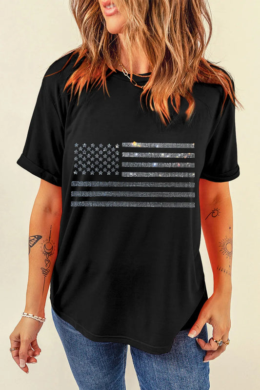 Short sleeve T-shirt with rhinestone US flag design in stretch cotton blend fabric