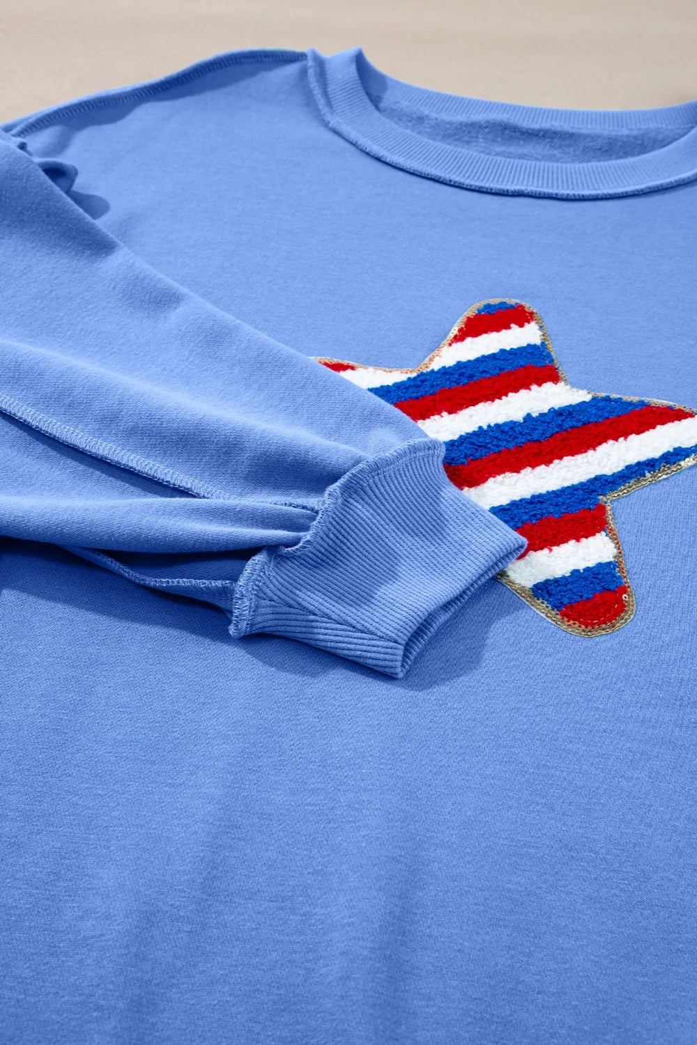 Long sleeve sweatshirt with exposed seams in a cotton blend fabric, opaque and fitted.