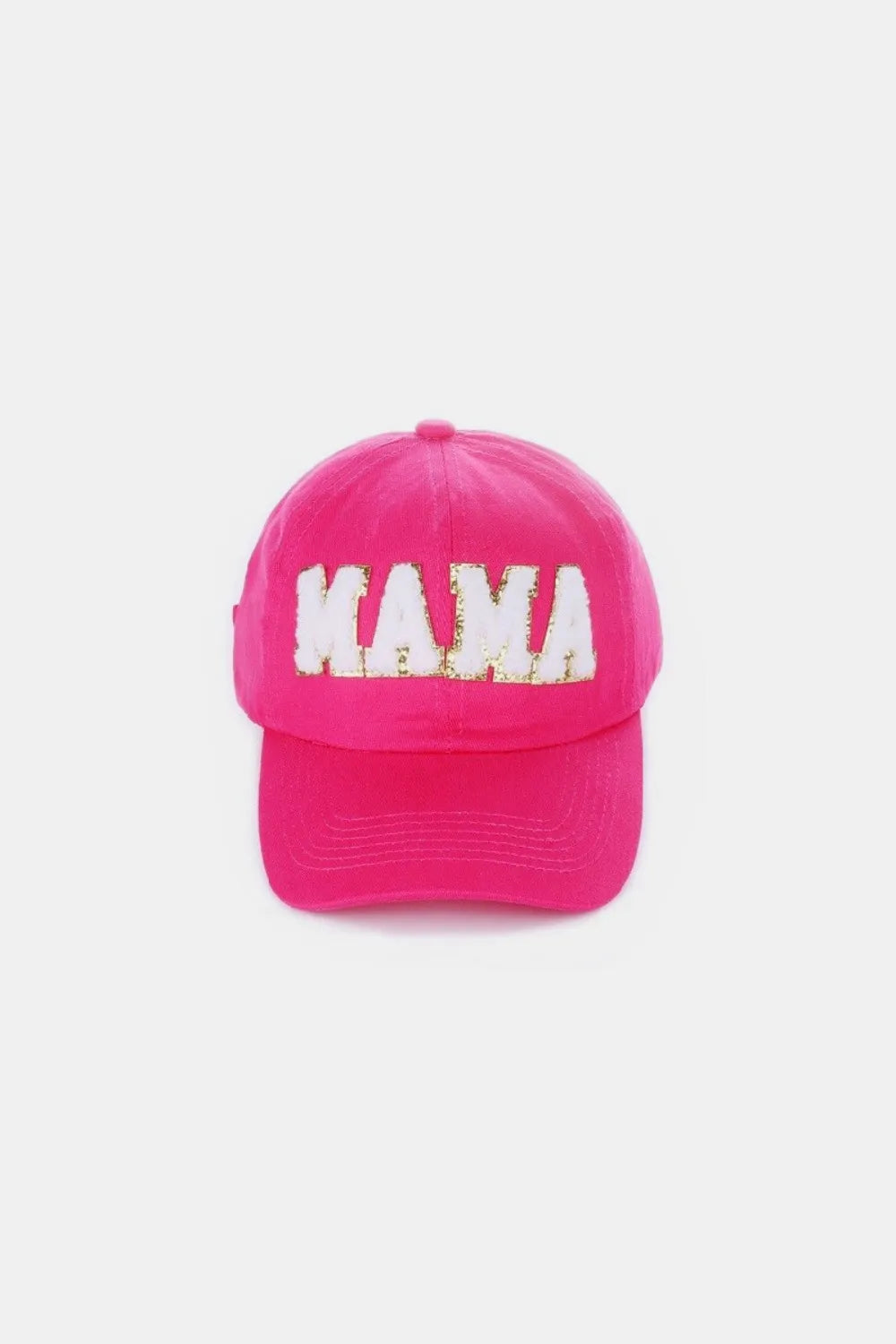 Pink washed cotton baseball cap with white chenille "MAMA" patch on front.