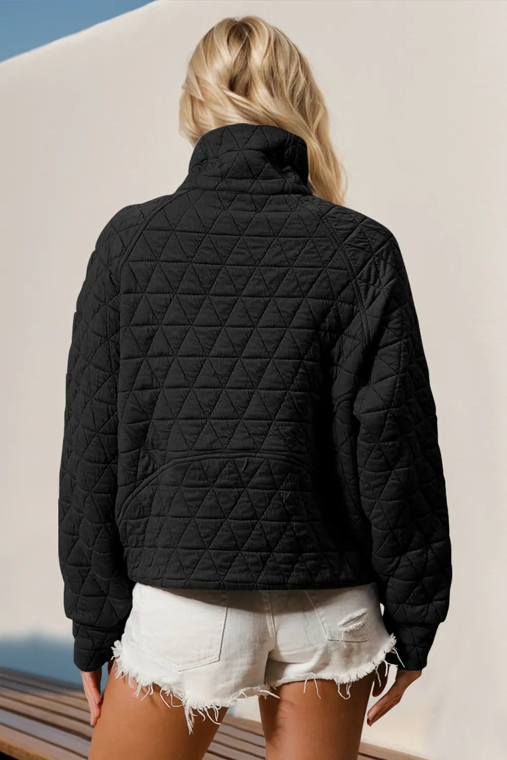 Trendsi Double Take quilted sweatshirt with half zip, long sleeves, and a sheer pocket detail