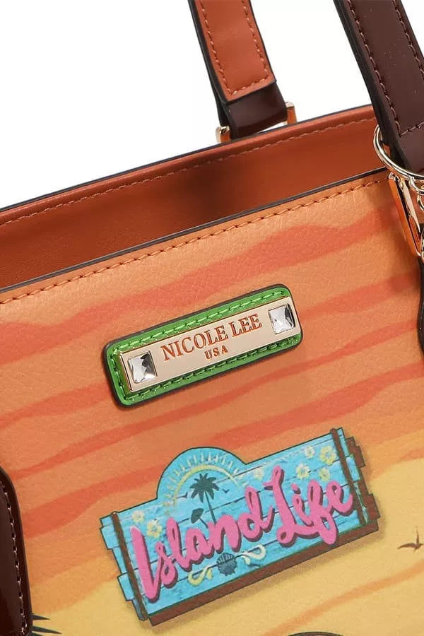 Nicole Lee USA tropical beach house print vegan leather shopper bag with palm motifs and gold hardware.