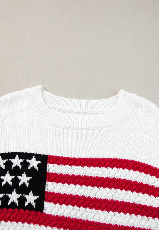 Sweater with US flag design, side slit, drop shoulder, acrylic cotton blend fabric