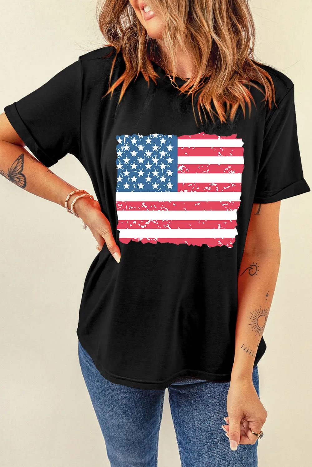 Short sleeve t-shirt featuring a US flag design in a polyester cotton blend.