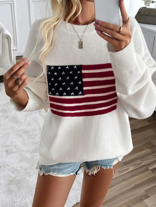 Long sleeve round neck knit top with US flag pattern in acrylic blend fabric