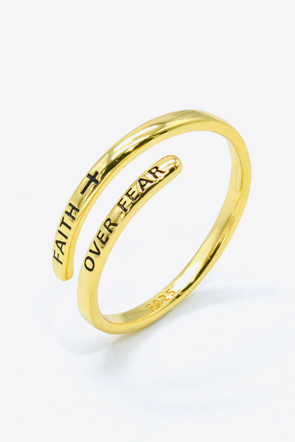 Gold-plated sterling silver bypass ring engraved with "Faith Over Fear" and cross.