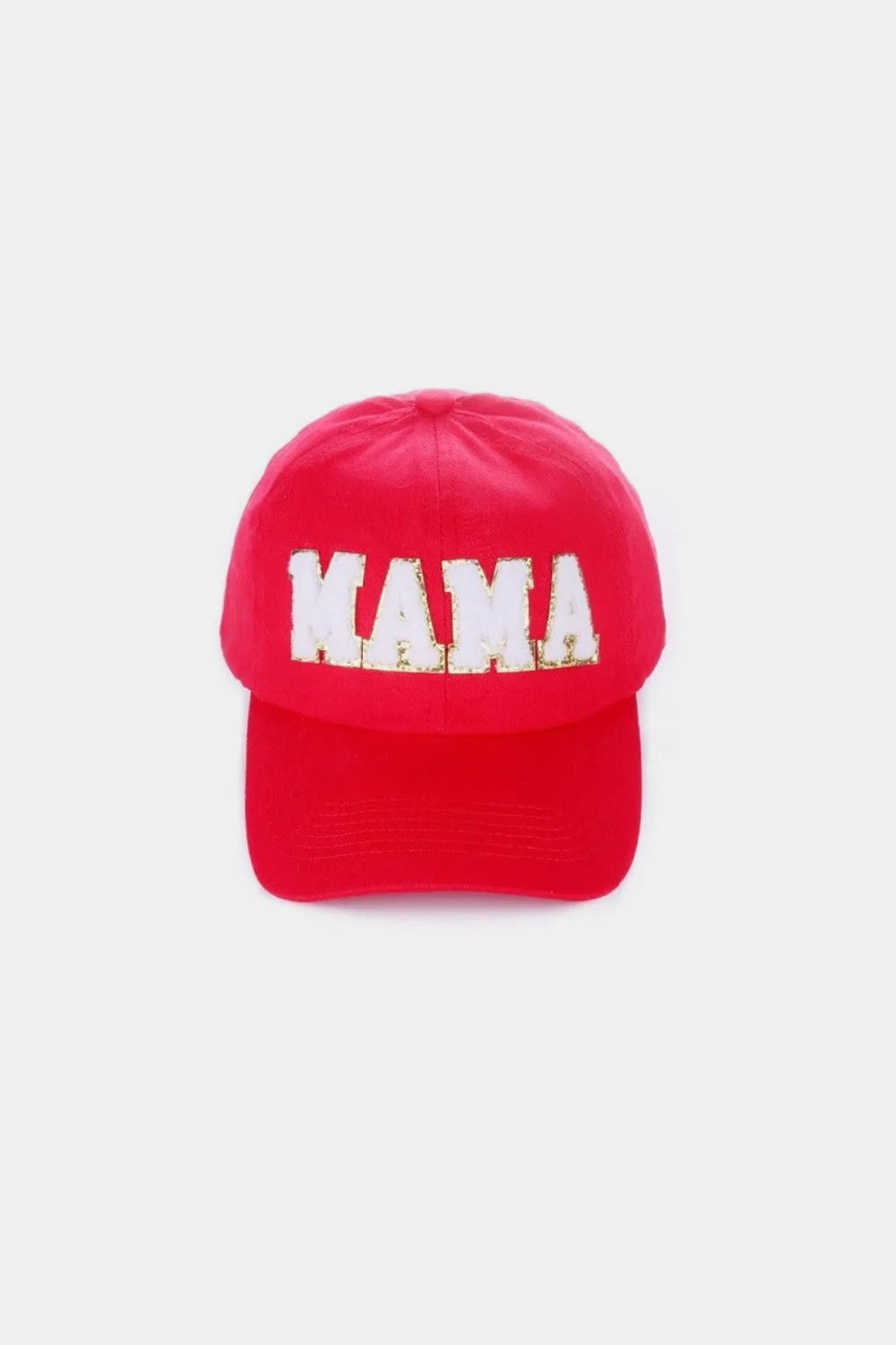 Red washed cotton baseball cap with white chenille "MAMA" patch on front.