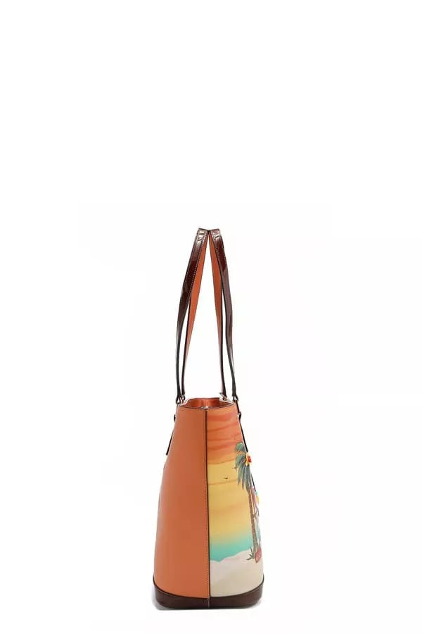 Side view of Nicole Lee USA tropical beach house print vegan leather shopper bag.