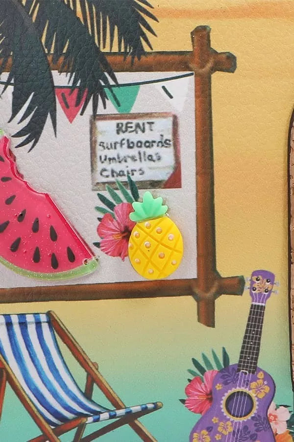 Nicole Lee USA tropical beach house print vegan leather shopper bag with palm trees, fruits, and beach motifs.
