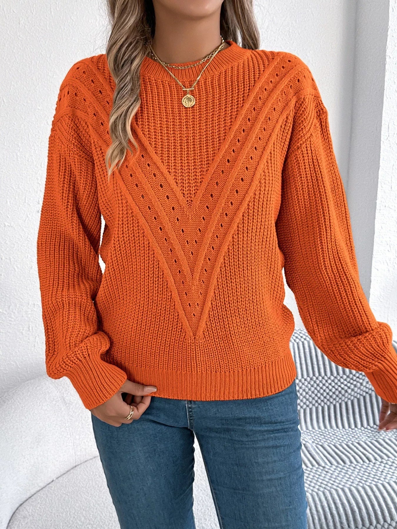 Trendsi openwork acrylic sweater with round neck and slightly stretchy breathable knit fabric