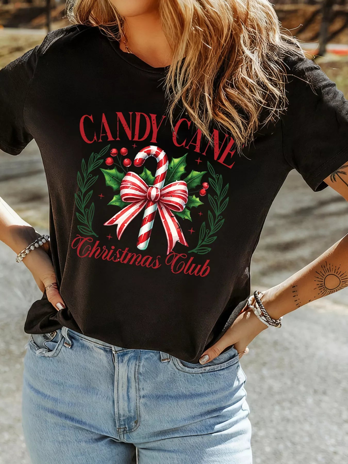 Oversized Candy Cane Christmas Club T-shirt with poodle graphic in polyester cotton blend fabric