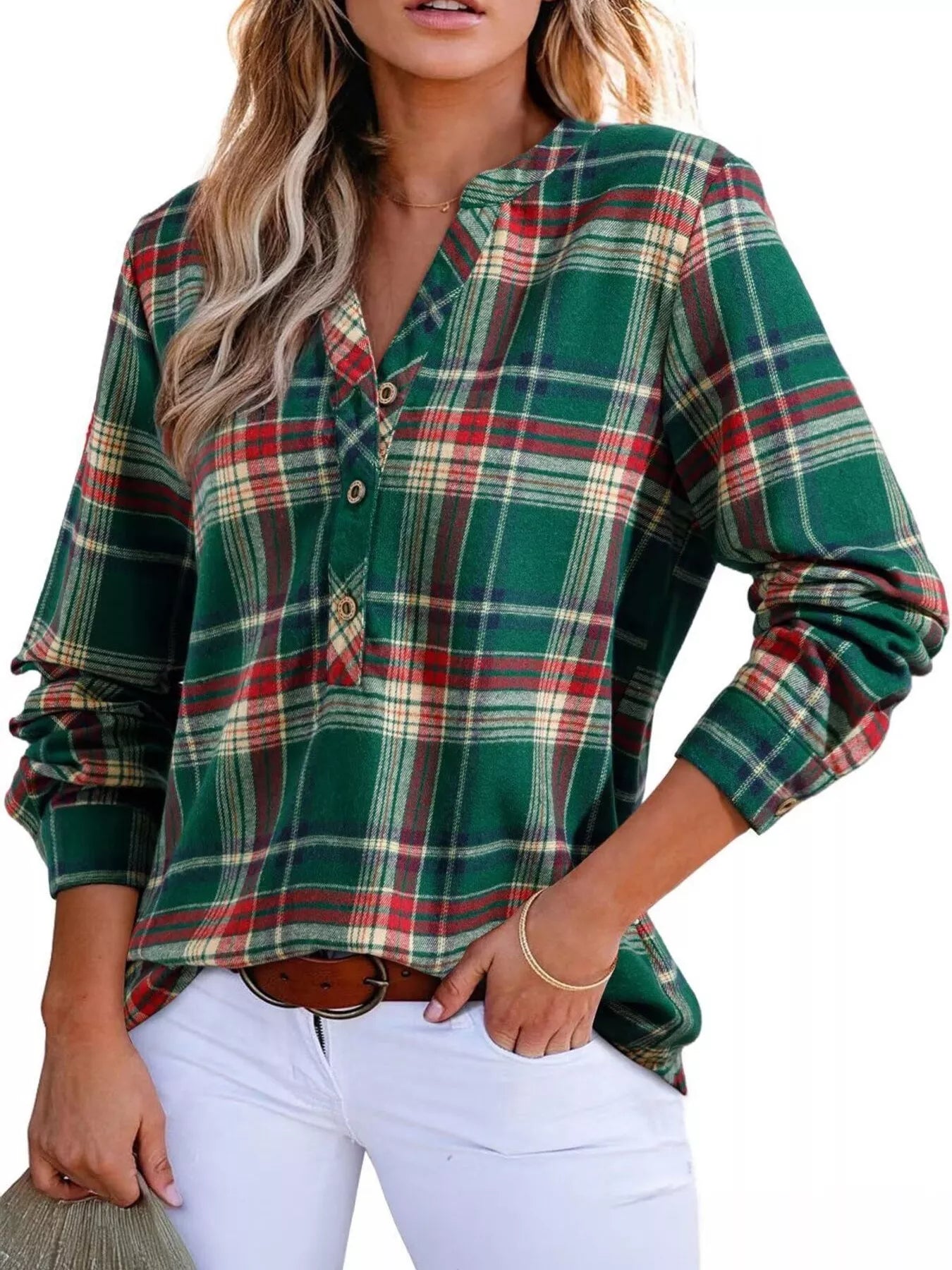Plaid long sleeve blouse with half button front made of polyester blend fabric