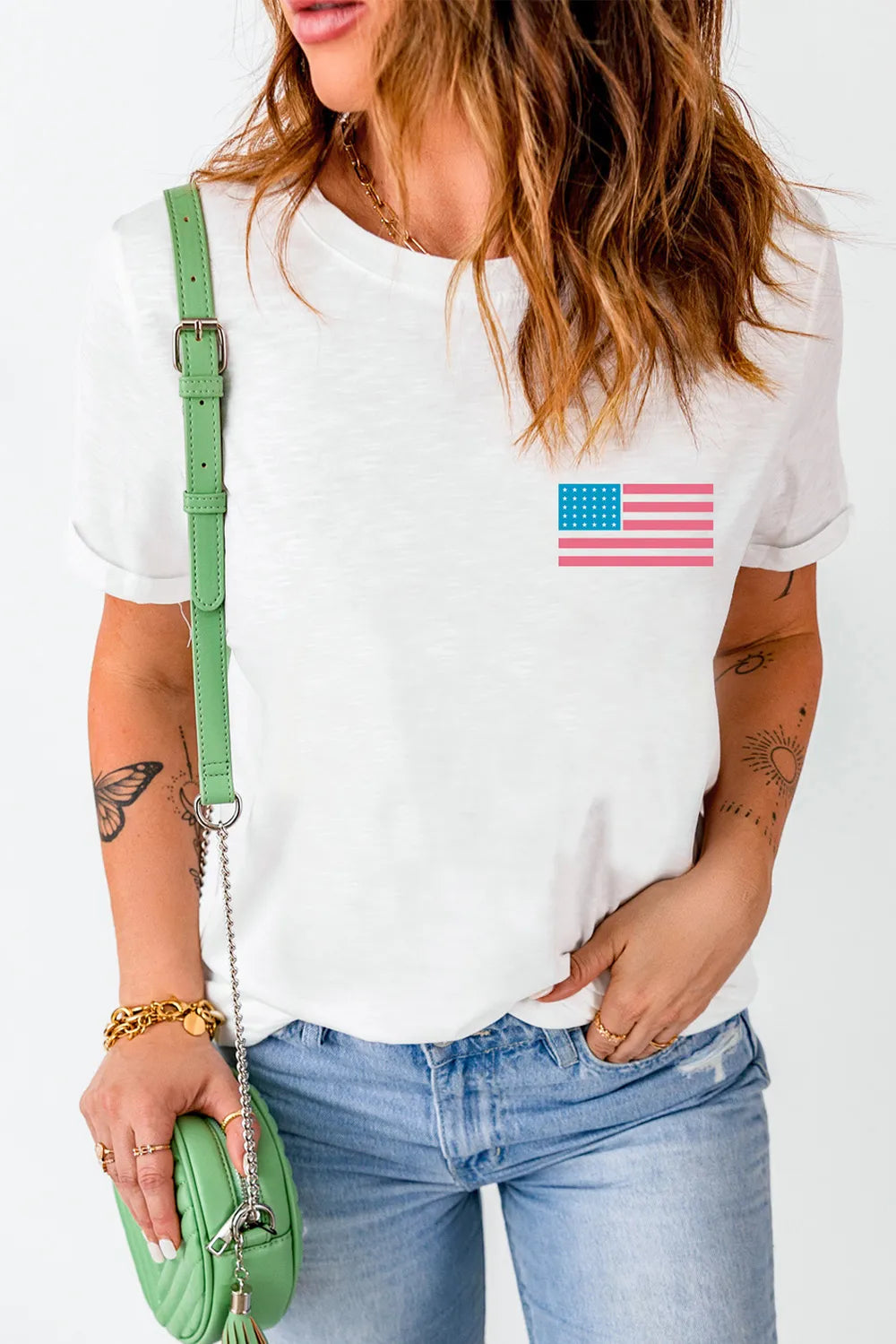 Short sleeve US flag t-shirt in polyester cotton blend with basic style and slight stretch.