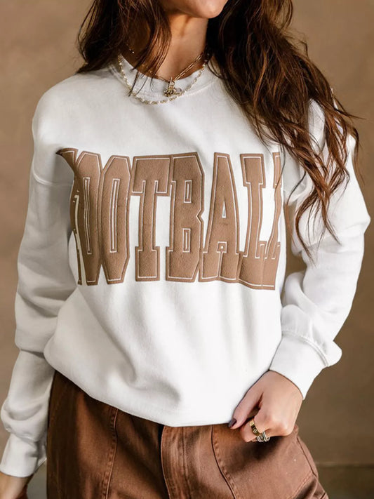 White crew neck sweatshirt with brown 3D "Football" graphic on chest.