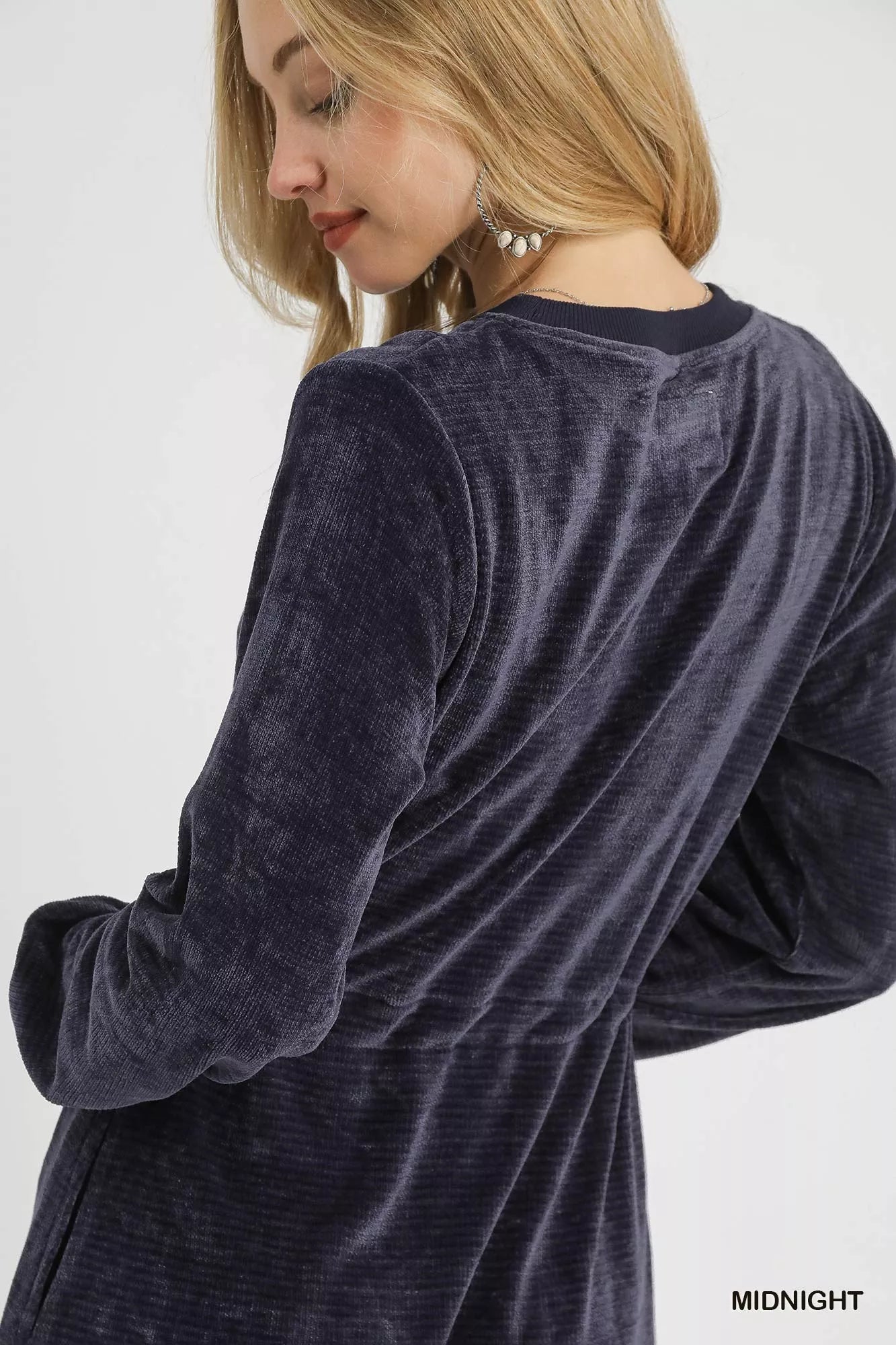 Navy velour drawstring long sleeve mini dress, rear view on model.