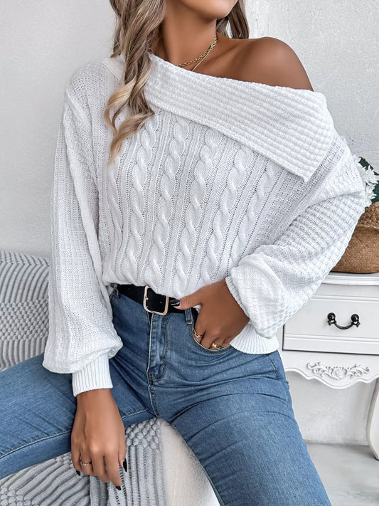 Off-shoulder cable knit sweater in soft, stretchy acrylic with a classic texture.