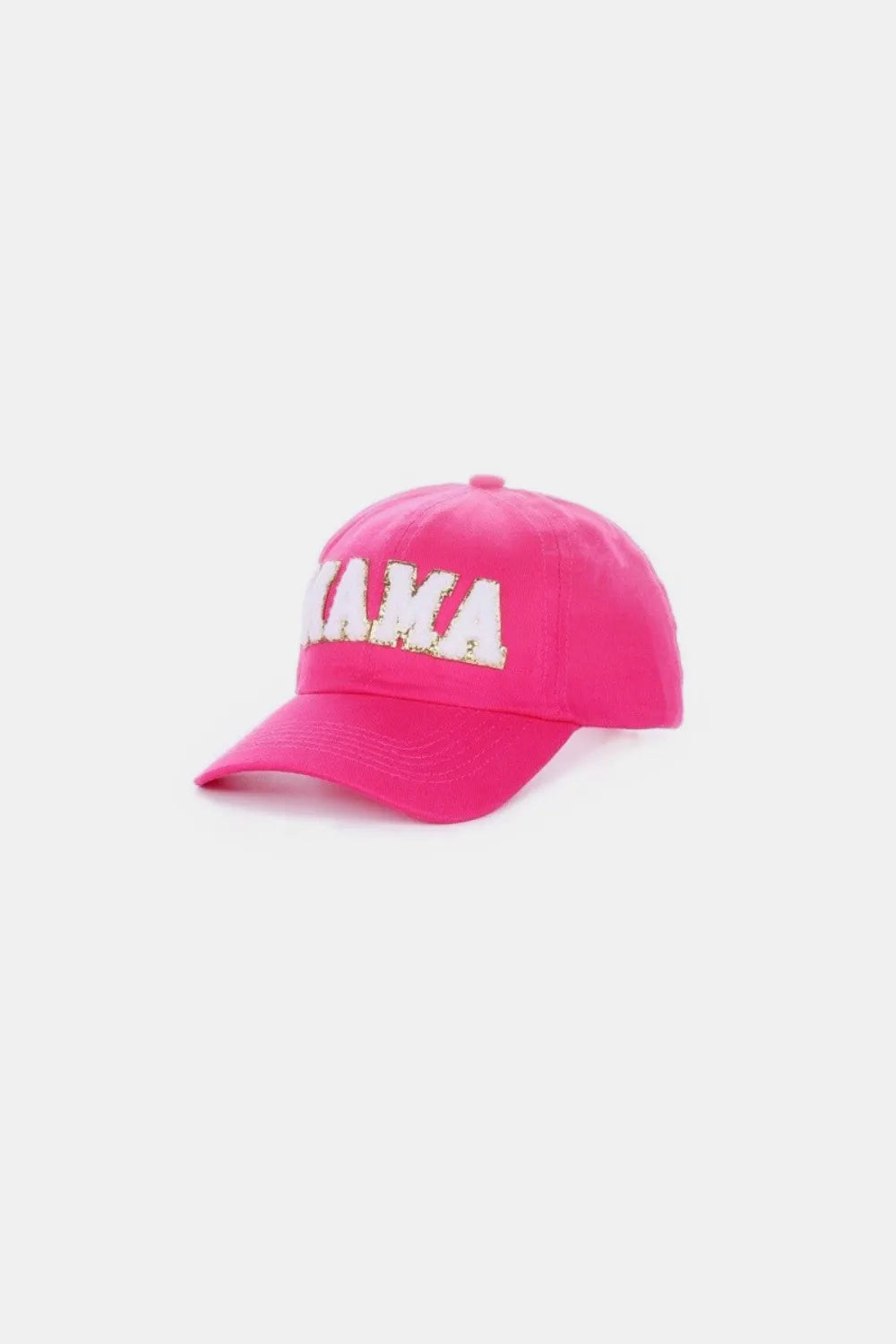 Pink washed cotton baseball cap with white chenille "MAMA" patch.
