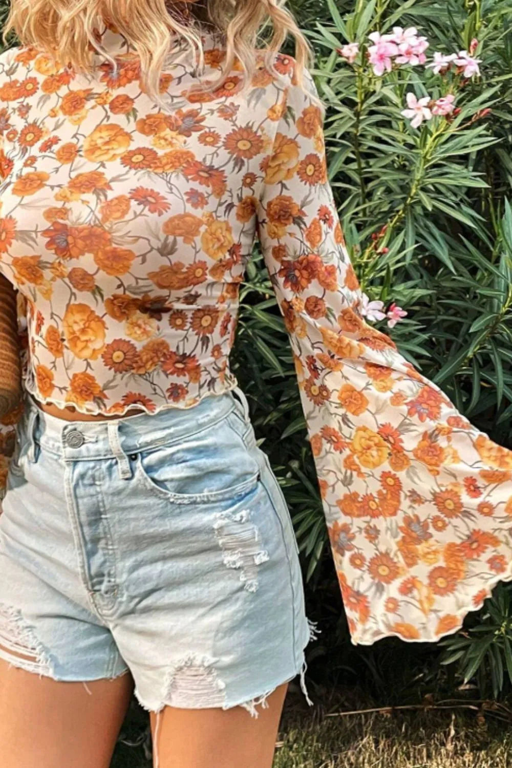 Printed mock neck top with flare sleeves in slightly stretchy polyester fabric