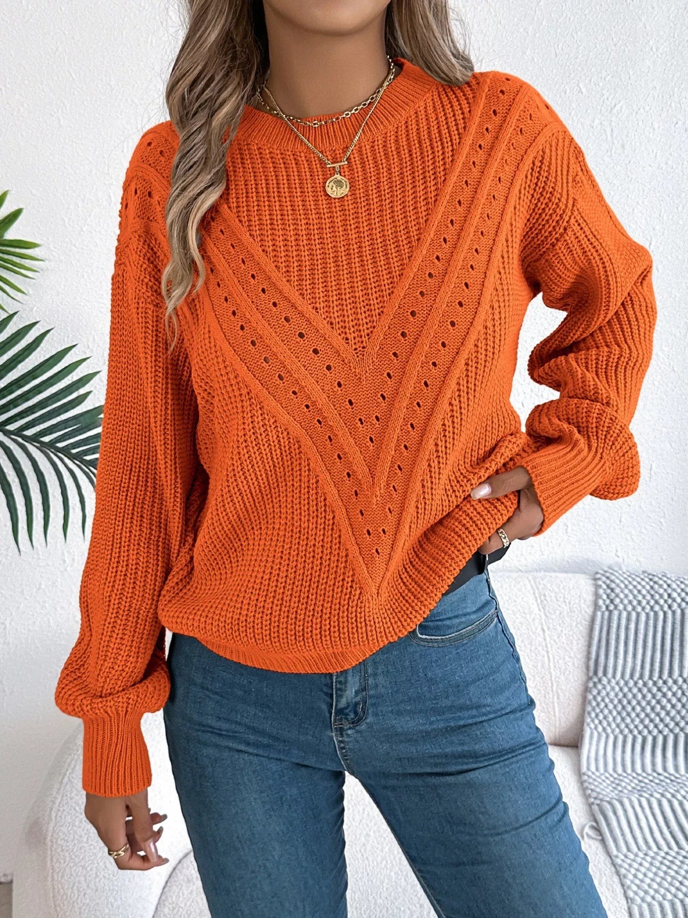 Trendsi openwork acrylic sweater with round neck and slightly stretchy breathable knit design