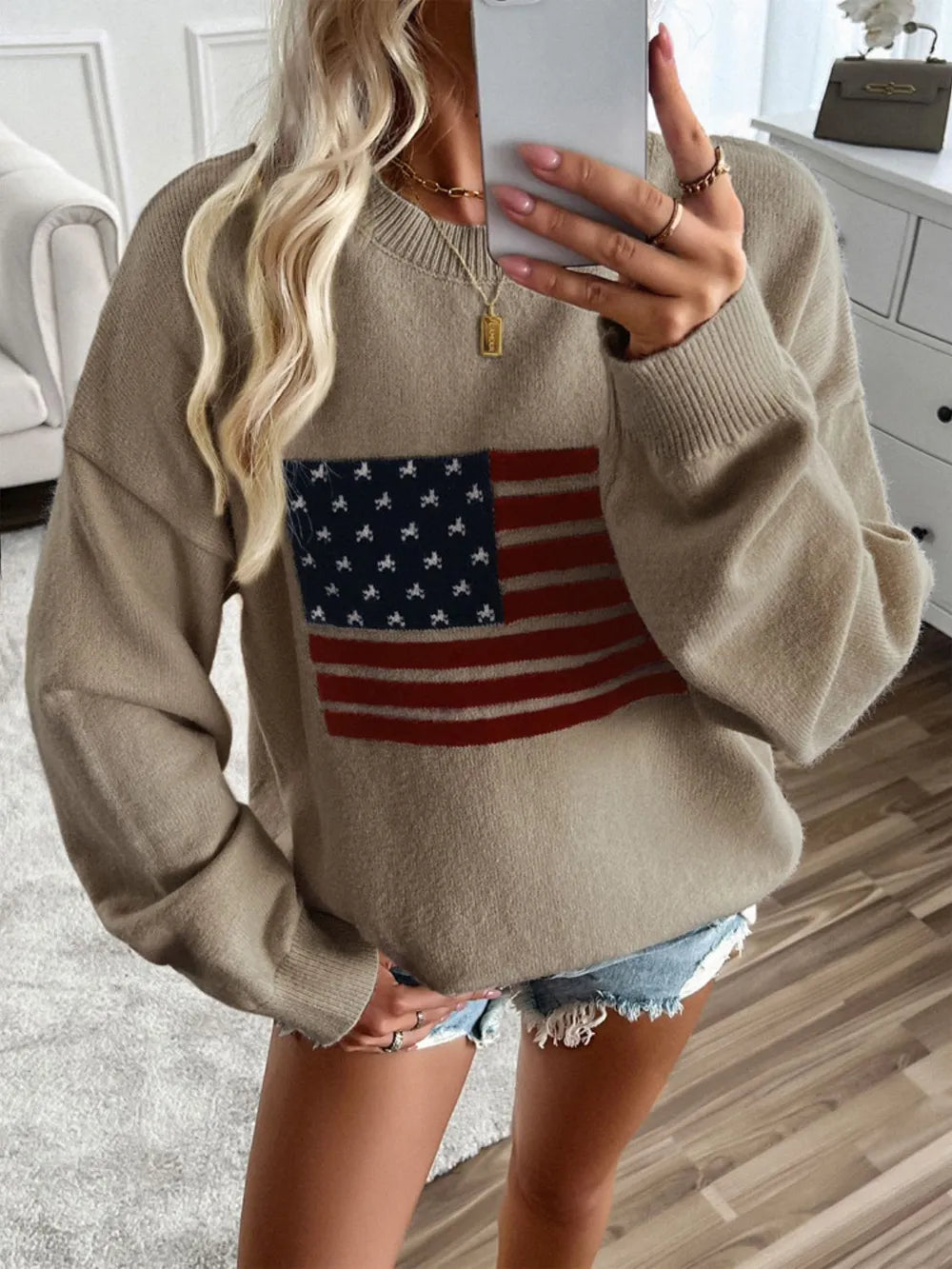 Long sleeve round neck knit top with US flag design in acrylic blend fabric