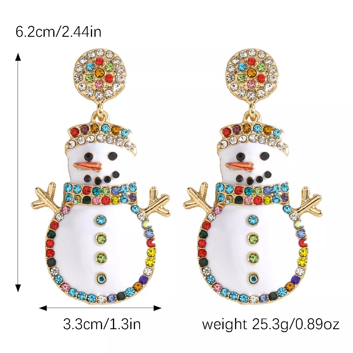 Pair of gold-plated snowman drop earrings with colorful zircon gems, 2.4 inches long.