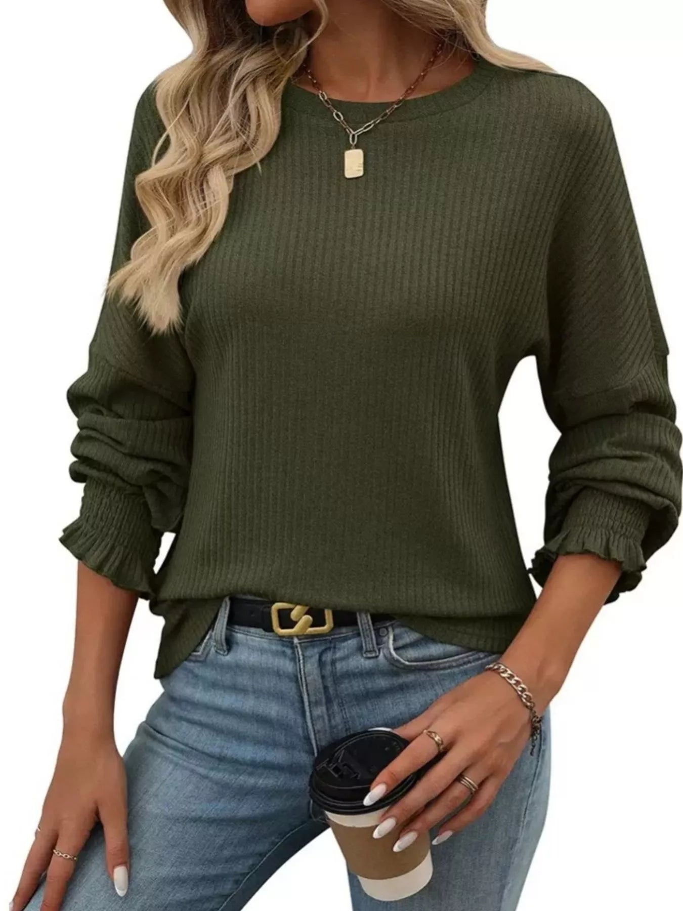 Ribbed knit long sleeve t-shirt in stretchy polyester blend with fitted silhouette