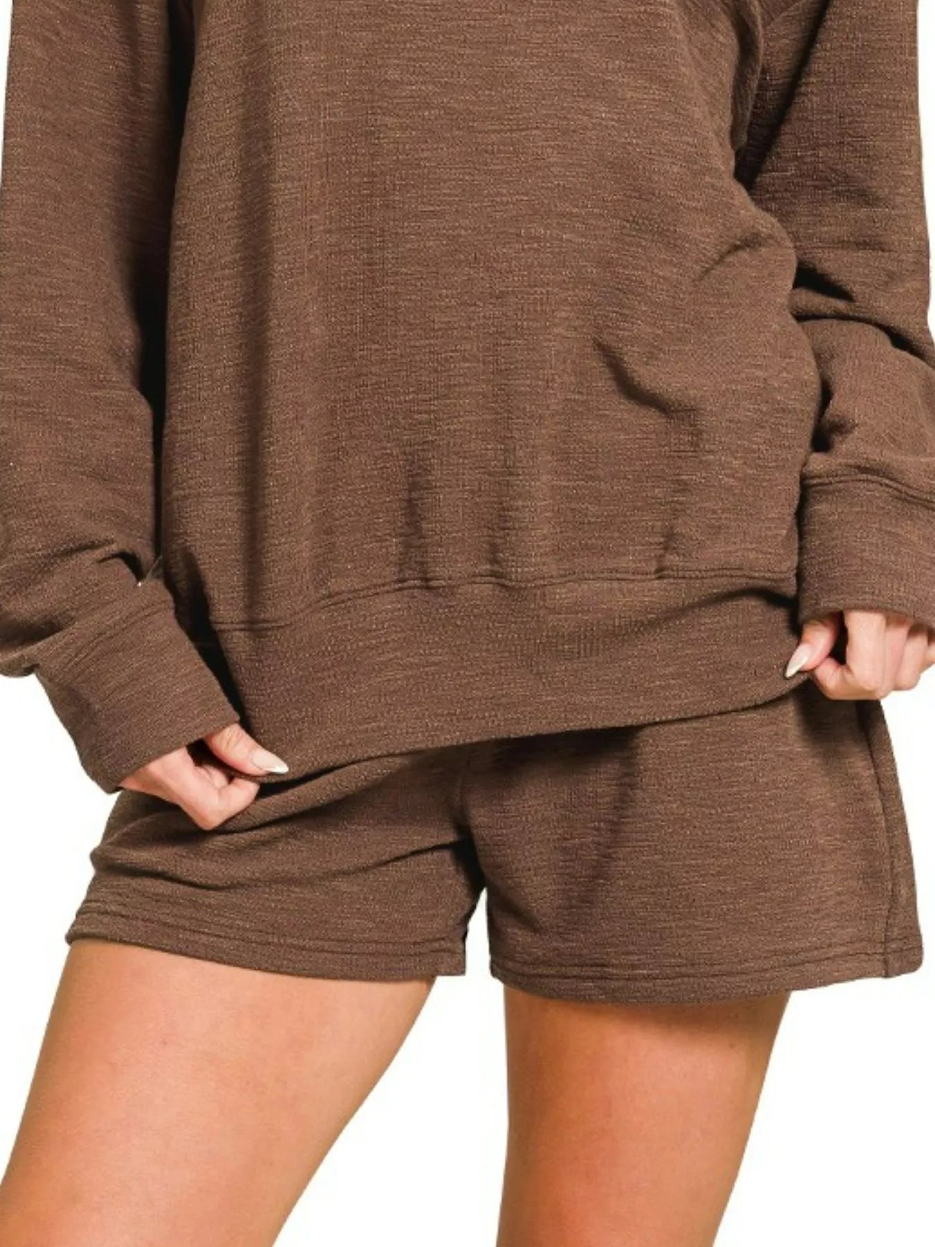 Brown slub long sleeve top and shorts set on a model.