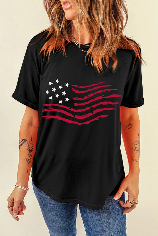 US flag short sleeve t-shirt with a round neck in a polyester blend fabric.
