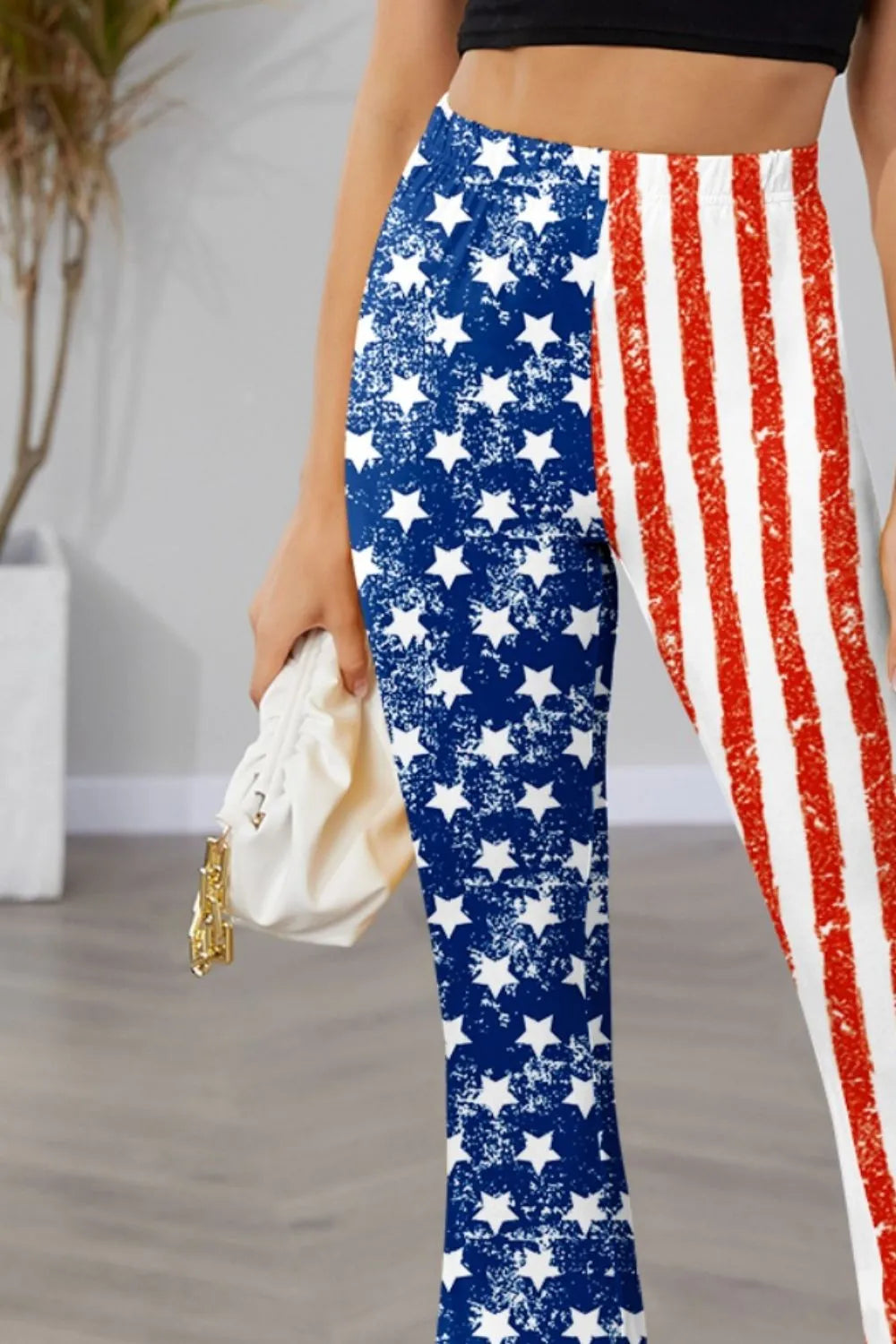 High waist bootcut pants with star and stripes pattern in opaque fabric